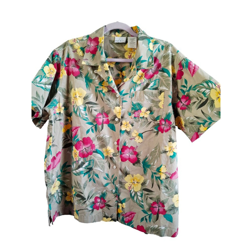 Vintage camp Bobbie Brooks Tropical Button Down Shirt XL Beige Pink